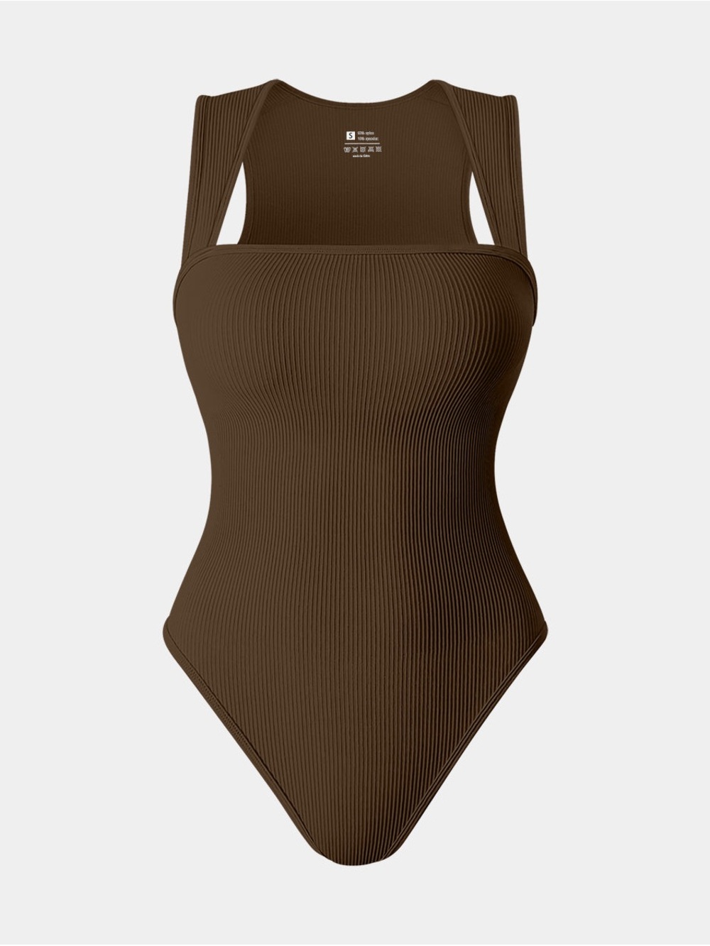 OQQ-Ribbed Square Neck One-Piece Bodysuit - Brown